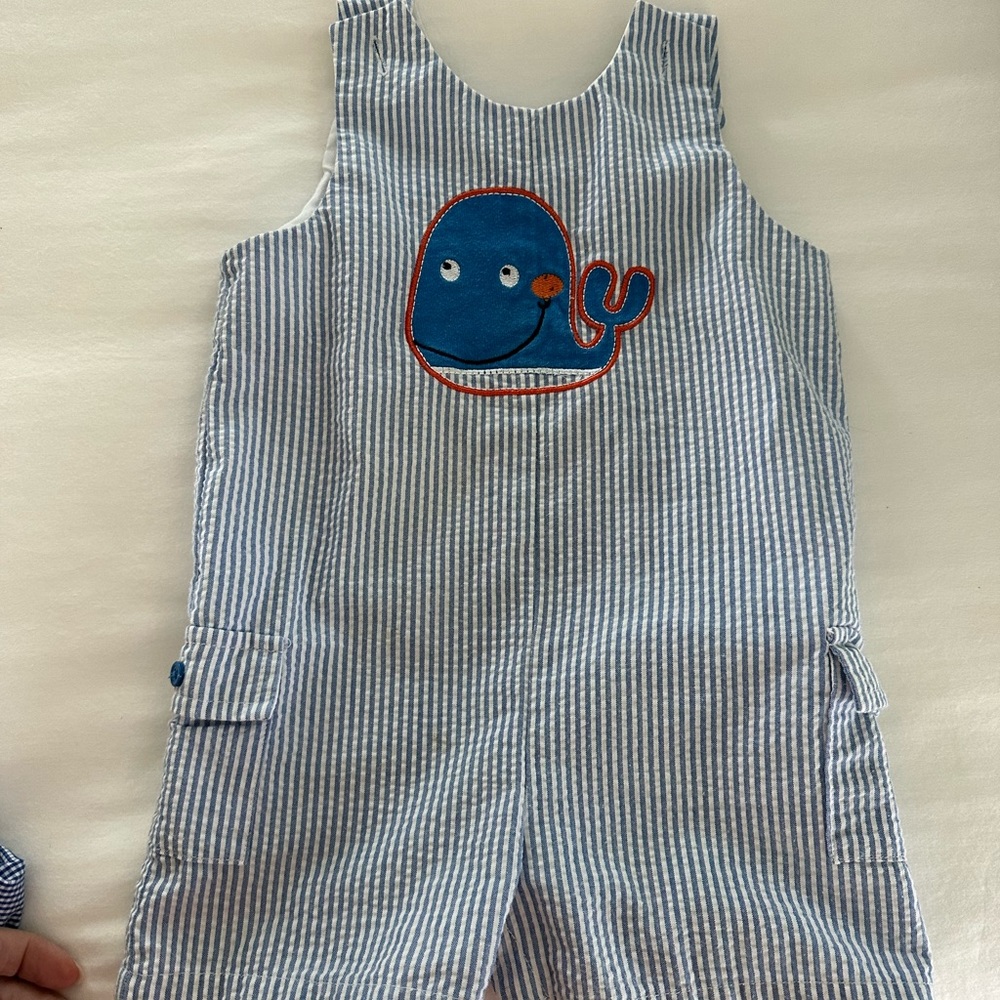 Goodlad seersucker whale overalls.